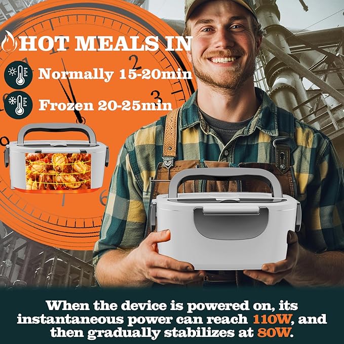 Buddew Electric Heated Lunch Box, 80W Fast Heating, 1.5L Food-Grade 304 Stainless Steel, 12V/24V/110V Portable Food Warmer for Car Truck Office Adults, Lonchera Electrica Portatil (White+Gray)