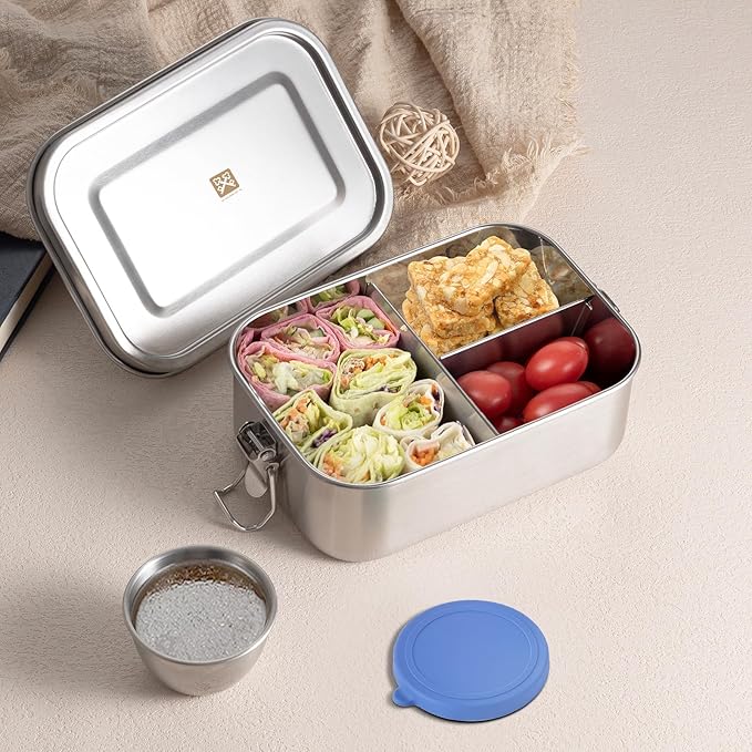 GOLDEN KEY 27oz Stainless Steel Bento Box Kids,800ml Lunch Box with Leakproof Condiment Container,3 Compartment Snack Containers for for On the Go Meal,Freezer & Dishwasher Safe (Blue)