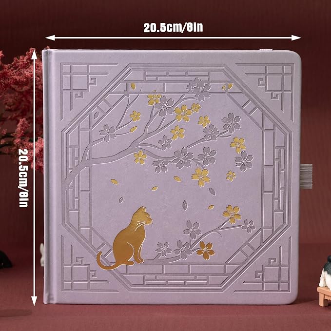 TIEFOSSI Square Dotted Journal, Cute Cat Journal for Women Girls, Dot Notebook with Pretty Sakura Pattern, Aesthetic Diary for Writing Journaling Drawing, Golden Edges, 8 x 8 IN
