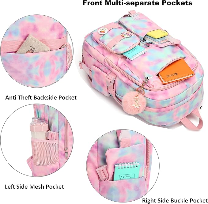 Hidds Laptop Backpacks 15.6 Inch College Backpack Elementary Middle High School Book Bag Kids Cute Bookbags Anti Theft Travel Back Pack Casual Daypack for Teens Girls Women Students (Tie-Dye Pink)