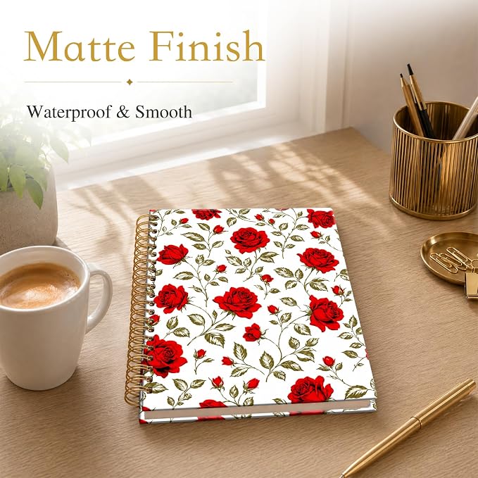 ATJFKIXL Cute Spiral Journal Notebook, A5 120 Page College Ruled Wirebound Notebook, Soft Cover for Students Office Notes and Planning - Red Rose Floral