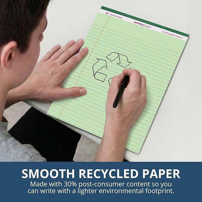 Roaring Spring Enviroshades Green Legal Pads, 3 Pack, Legal Ruled Recycled Colored Writing Note Pads, 8.5" x 11", 50 Sheets, Perforated Paper, Made in USA, Memo Pad For School & Office