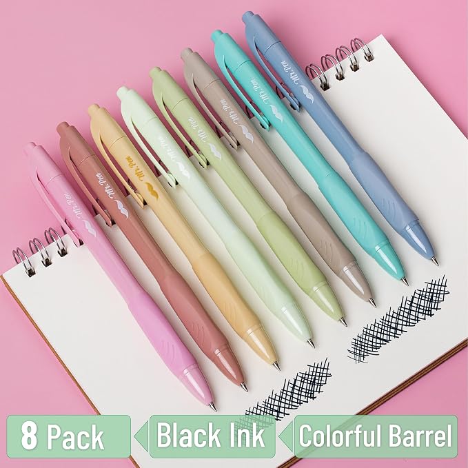 Mr. Pen- Retractable Gel Pens, 8 Pack, Black Ink, Soft Grip | Soft Pastel Barrels, Fine Point 0.5mm, Fast Dry, Smooth Writing, Cute Pens for Drawing, Writing Planner and School Supplies
