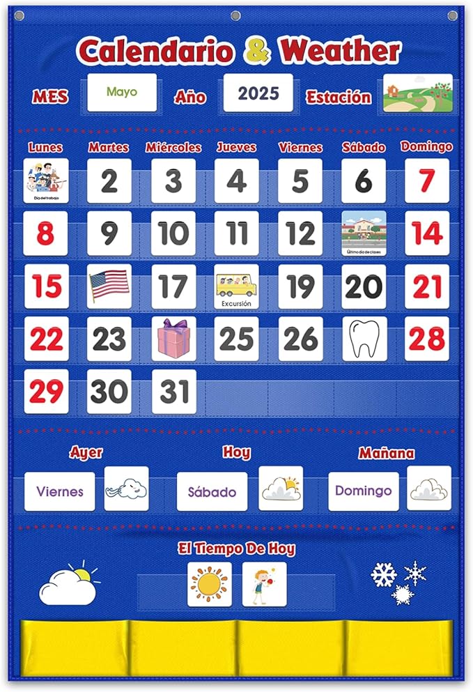 Spanish Calendar and Weather Pocket Chart, Classroom Organized Chart, 140 Pieces (Spanish)