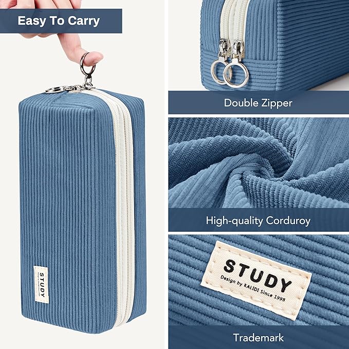 KALIDI Large Pencil Case Corduroy Pencil Pouch Box Cute School Supplies for Teen Girls Boys, Navy Blue