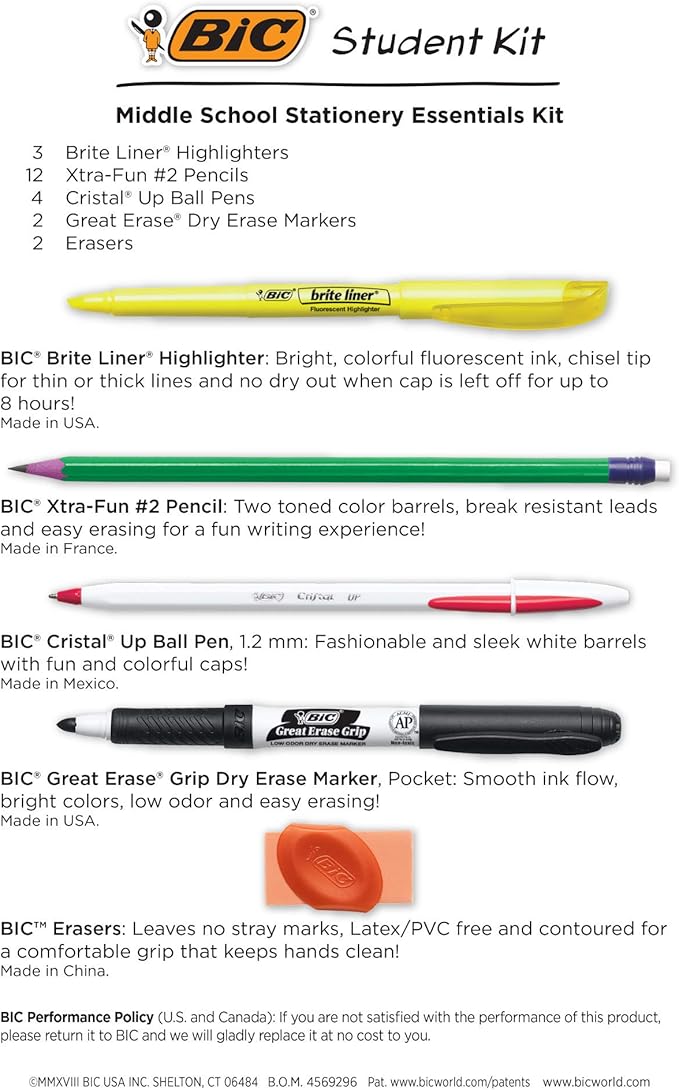 BIC Student Kit; Assorted Stationery Essentials; 23 Count