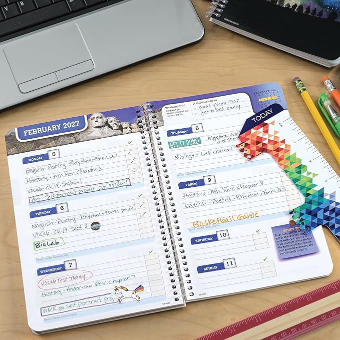 Global Datebooks 2026-2027 Middle & High School Student Planner 5.5" x 8.5" - Dated Weekly & Monthly Academic Planner with Ruler/Bookmark & Stickers, Ideal for Homework, Block Style, Doodles