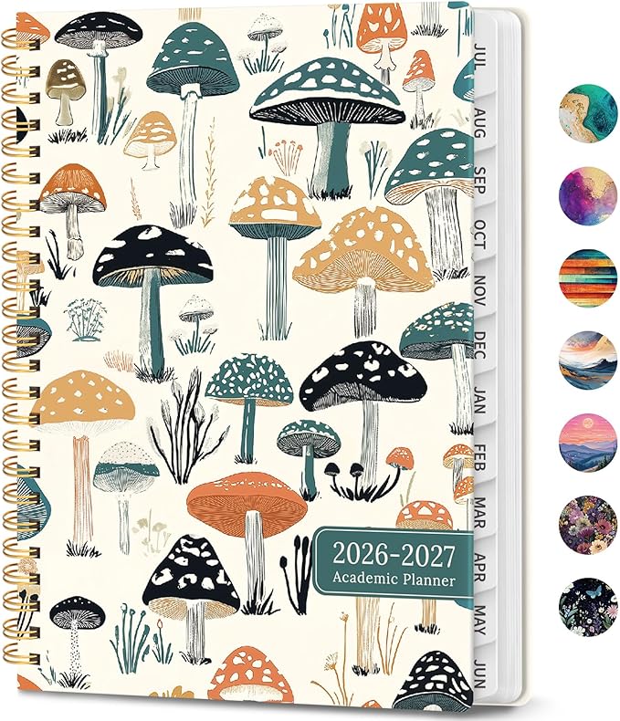 Academic Planner 2026-2027, Weekly and Monthly Calendar Book, July 2026 – June 2027, Hardcover Planner with Tabs, Perfect for Teachers, Students, Women & Men, A5 (6.4" x 8.5") - Mushrooms Grovel