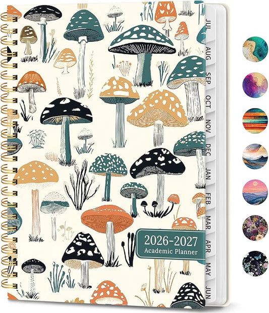 Academic Planner 2026-2027, Weekly and Monthly Calendar Book, July 2026 – June 2027, Hardcover Planner with Tabs, Perfect for Teachers, Students, Women & Men, A5 (6.4" x 8.5") - Mushrooms Grovel
