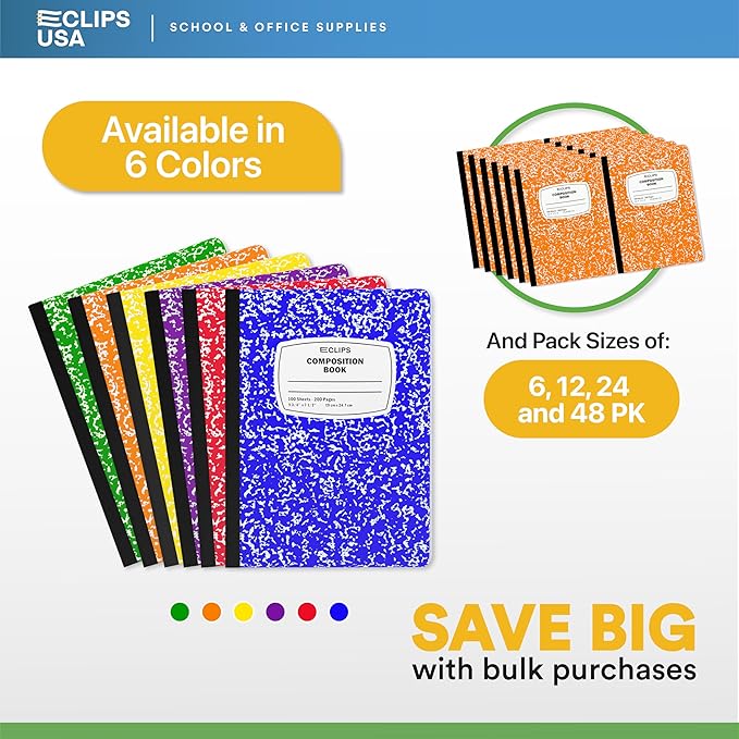 Composition Notebook Wide Ruled Composition Notebooks Bulk Orange Marble Hard Cover Wide Ruled Notebook Paper Note Books For Schools Marble Composition Books 100 Sheets 200 Pages 9.75” x 7.25” (48 Pack, Orange)