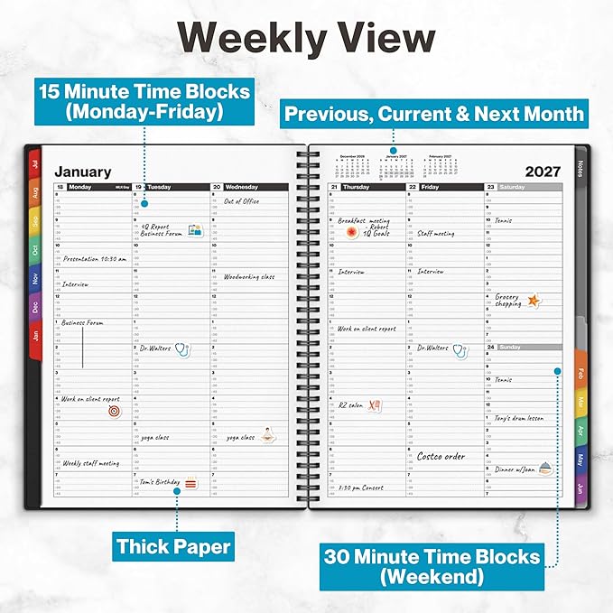 Dunwell 2026-2027 Appointment Book 8.5 x 11, July 2026 to June 2027, 15-Minute Hourly Schedule Planner with Colorful Tabs, Daily Professional Agenda