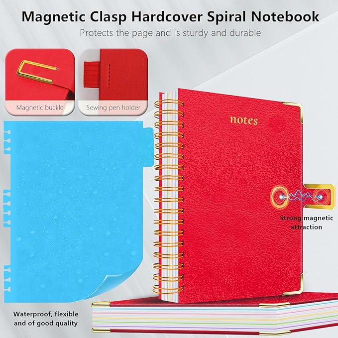 Hardcover Spiral Notebook College Ruled, 6.2"x 8.2" Leather Journal Notebook with Magnetic Closure, 300 Pages 5 Subject Notebook with Dividers Tabs Journal for Women Men, Work, School(Red)