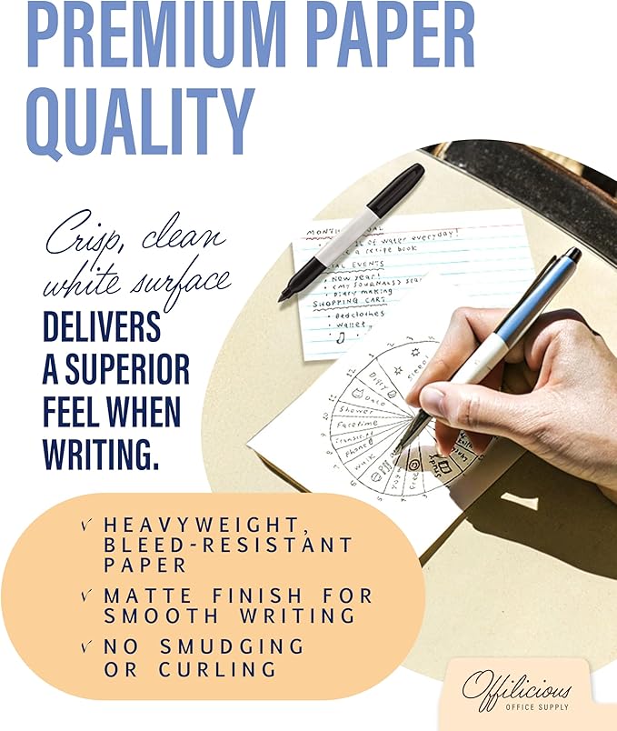 OFFILICIOUS Ruled Index Cards 3x5 — Durable Blank Cards Bulk for Writing Recipes, Notes & Flash Cards for Studying — 100 No Bleed-Through White Double-Sided Notecards 3x5 Lined & Blank