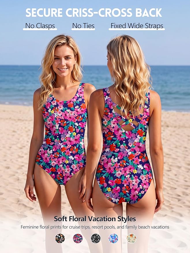 Modest Full Coverage One Piece Swimsuit Floral Bathing Suit Criss Cross Back Swimwear with Built-in Bra