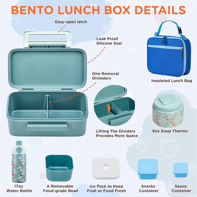MAISON HUIS Bento Box for Kids with 8oz Soup Thermo, Insulated Lunch Bag & 17oz Water Bottle, 2-Compartment Bento Box with Built-In Ice Pack, Leak-Proof & BPA-Free
