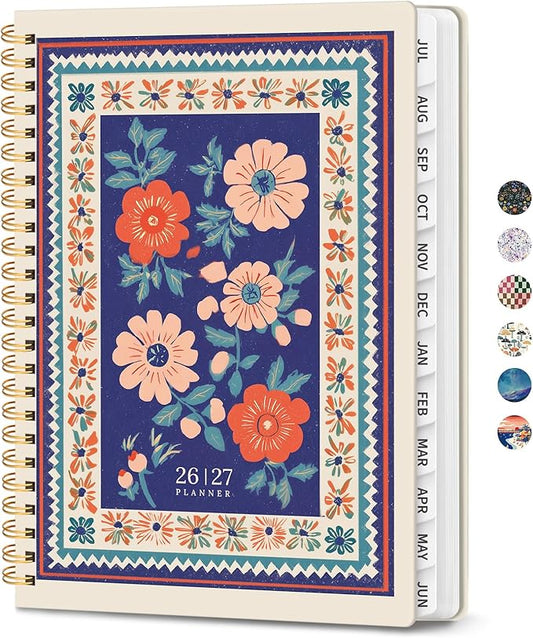 Planner 2026-2027, Academic Planner Weekly and Monthly, Jul 2026 - Jun 2027, Spiral Bound School Planning Tool with Tabs and Pocket, Perfect for Students & Teacher, 6.3" x 8.5", Folk Bloom