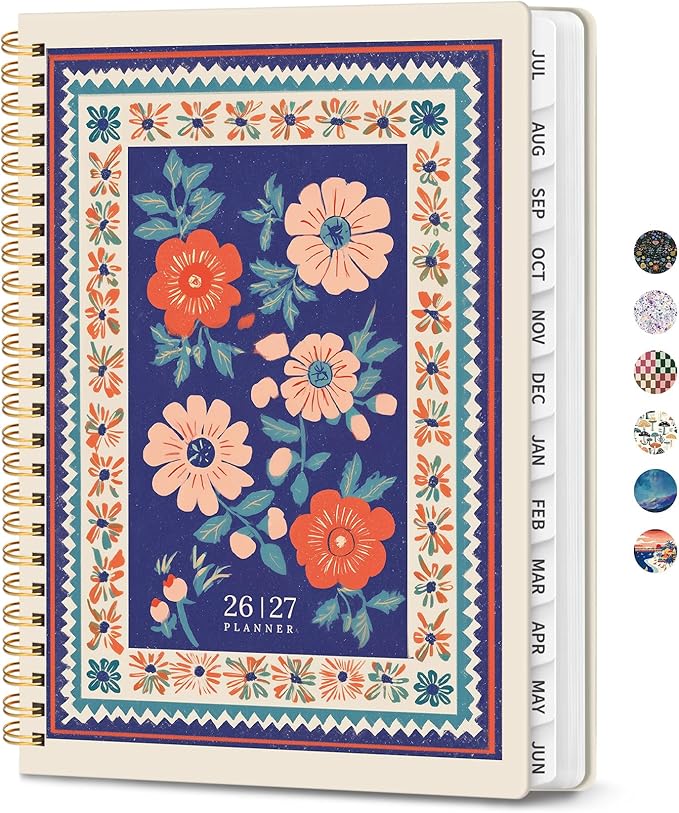 Planner 2026-2027, Academic Planner Weekly and Monthly, Jul 2026 - Jun 2027, Spiral Bound School Planning Tool with Tabs and Pocket, Perfect for Students & Teacher, 8.5" x 11", Folk Bloom