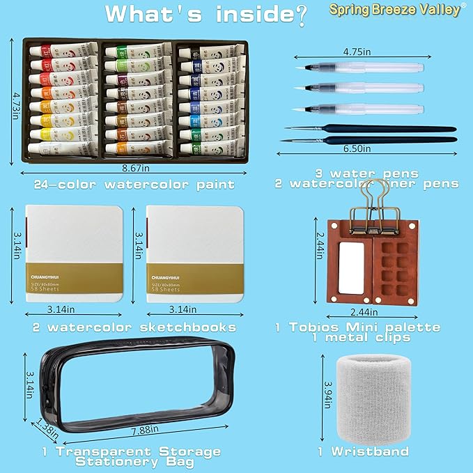 Mini Watercolor Set, Travel Watercolor Paint Set, Including 24 Watercolor Paints, Brushes, Sketchbook, And A binder Clip, Suitable For Adult Beginners, Artists, And Painting Enthusiasts