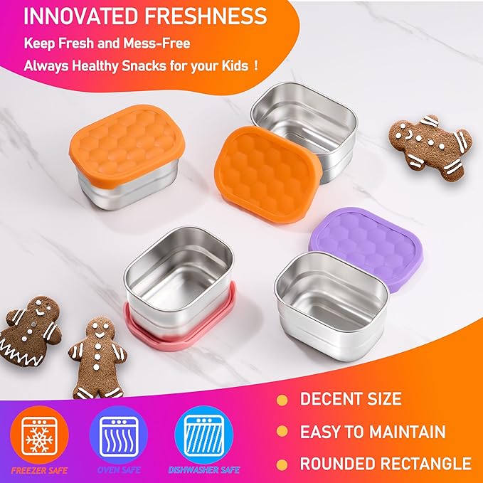 HaWare 8 oz Stainless Steel Snack Containers for Toddlers and Kids, Leak Proof Food Storage Containers with Silicone Lids, Stackable & Reusable Small Metal Lunch Box for Daycare and School- 3 Packs