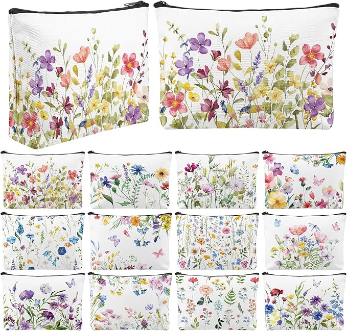 Reginary 12 Pcs Wildflower Makeup Bags Spring Summer Floral Cosmetic Bags with Zippers Flower Butterfly Pouch Bulk Appreciation Gifts for Women Teacher Wedding Birthday Travel Party Supplies