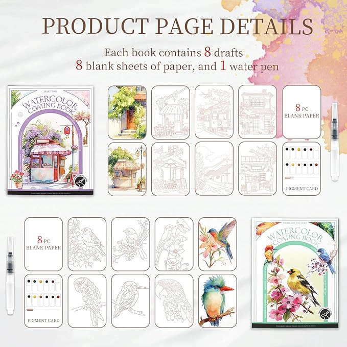 NaTuGi 2Pac Watercolor Workbook for Adults,Watercolor Coloring Book,Portable Watercolor Painting Books,Creative Stress Relief Kit,Suitable for Beginners Birthday Gift(Birds and Time)