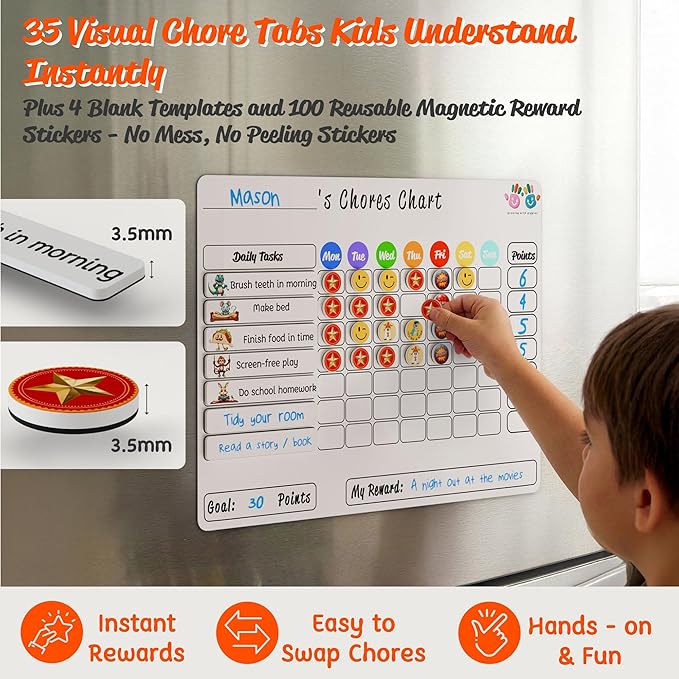 Mimi Doodle Magnetic Chore Chart for Kids – 16x12 Dry Erase Daily Responsibility Board for Fridge with 39 Chore tabs, 100 Reward Stickers – Behavior Chart for Kids at Home – Simple Theme