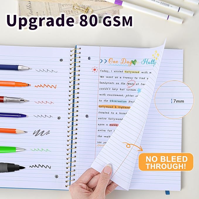 Spiral Notebook College Ruled Paper 8" x 10-1/2", 1 Subject Spiral Notebook 80GSM Paper, 3-Hole Punched Perforated Pages Ideal for School, Office, Writing, 75 Sheets Lined Journaling Notebook, Blue