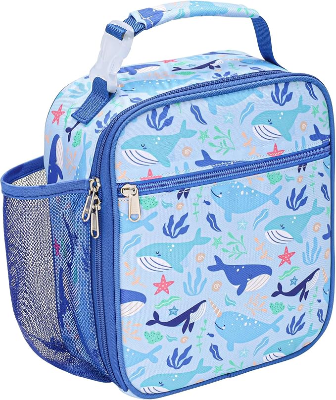 Bagseri Kids Lunch Box for Boys - Insulated Toddler Lunch Bag Fits Bento Box, Reusable Daycare Cooler Tote with Clip Handle, Water-Resistant Lining, Blue Whale