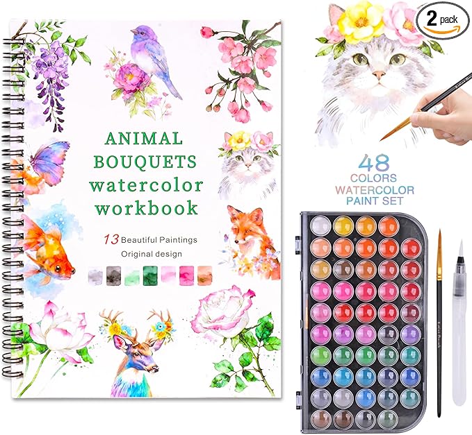 Watercolor Workbook | Watercolor Paint Set with 48-Colors Palette and Brushes | 13 Original water coloring book DIY Design PatternsWatercolor Book Set for Adults and Teenagers (Flowers & Animals)
