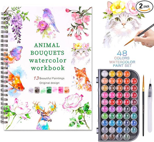 Watercolor Workbook | Watercolor Paint Set with 48-Colors Palette and Brushes | 13 Original water coloring book DIY Design PatternsWatercolor Book Set for Adults and Teenagers (Flowers & Animals)