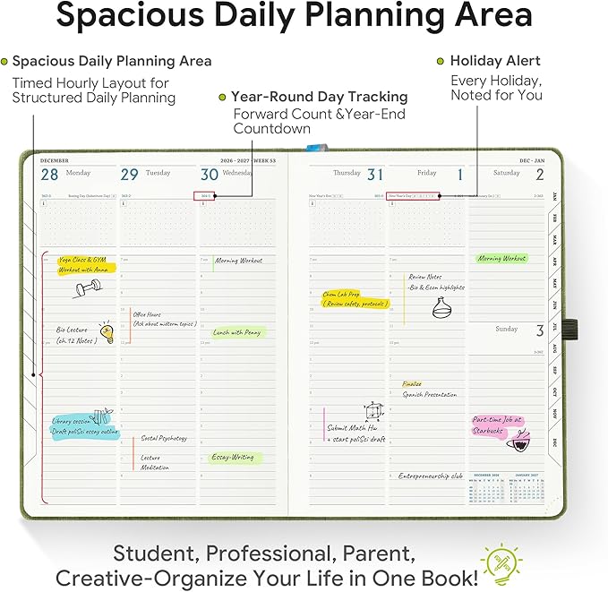 2026-2027 Weekly and Monthly Planner (July 2026–December 2027), 8.5"x11.5", Vertical Layout, 18 Months Agenda with Month Tabs & Pocket, Academic Calendar with Vegan Leather Cover,Beige