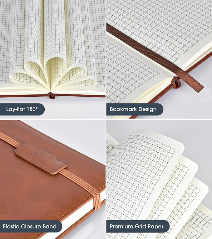Biuwory Graph Paper Notebook Journal for Women Men,140 Pages Hardcover Grid Notebooks for Work & School,Leather Journals for Writing, Graphing Paper Notebook 5.7"×8.3" (Brown)
