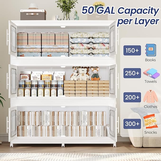250GAL Extra Large Storage Bins with Lid, 1000QT Storage Bins with Wheels, Folding Closet Organizer, Stackable Collapsible Plastic Storage Containers for Home, Office, Kitchen, 5Pack White