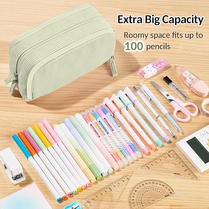 Sooez Big Capacity Pencil Case Pen Pouch, Soft Corduroy Pencil Bag with 3 Compartment, Multiple Pockets, Sturdy Zipper, Cute School Supplies Pen Bag Organizer For Teen Girls College, Green
