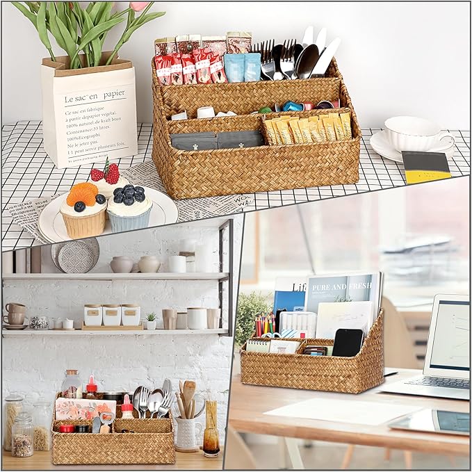 BTSKY Woven Storage Basket Natural Seagrass Vertical Wicker Storage Baskets with 4 Compartments Desk Organizers and Storage Magazine File Holder Home Office Supplies Sorter Rack, Caramel