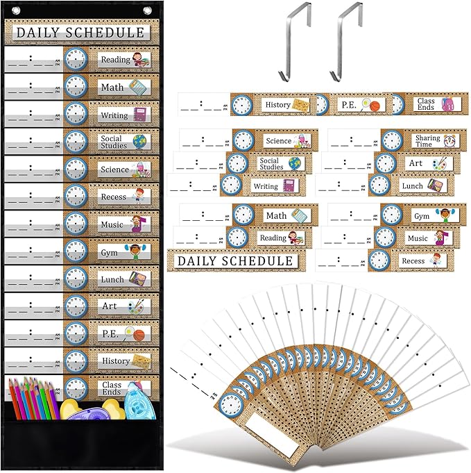 Chiisong Daily Schedule Pocket Chart, 14+1 Pocket, with 40 Pcs Reusable Dry Eraser Cards Calendar for Classroom Toddler Schedule Chart Office Home Activity(Burlap Style)