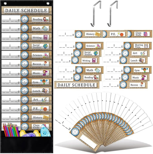 Chiisong Daily Schedule Pocket Chart, 14+1 Pocket, with 40 Pcs Reusable Dry Eraser Cards Calendar for Classroom Toddler Schedule Chart Office Home Activity(Burlap Style)