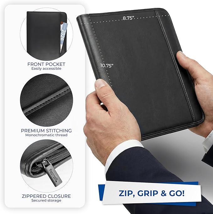 Samsill Professional Padfolio, Faux Leather Junior Portfolio with Zipper, 10.1 Inch Tablet Sleeve, with 7 x 10 Inch Notepad, Black