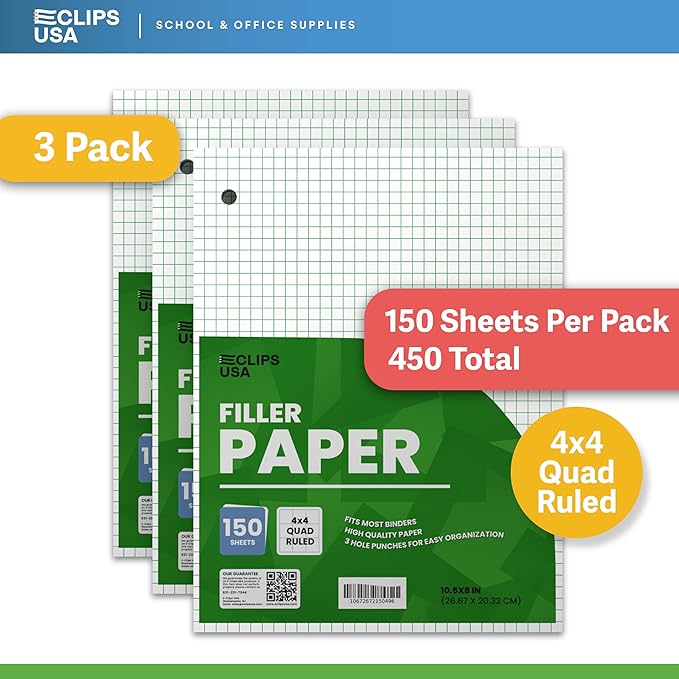 Graph Paper Loose Leaf Paper Quad Ruled Notebook Paper Quad Ruled 4” x 4” Square Lined Writing Filler Paper 10.5” x 8” 450 Sheets 150 Sheets Per Pack 60 gsm (3 Pack)