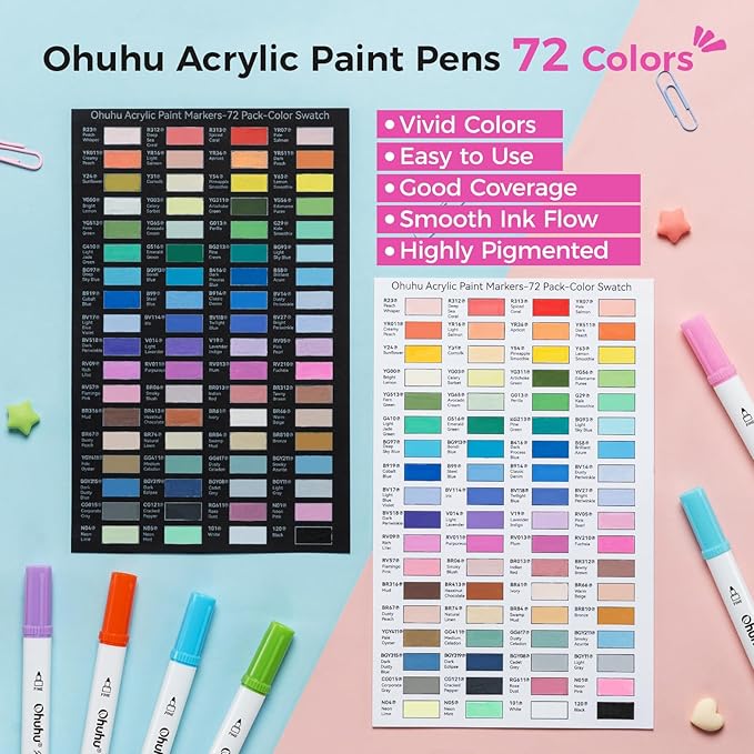 Ohuhu Acrylic Paint Markers Dual Tips: 72 Colors Fine & Dot Paint Pens High Opacity Acrylic Markers Waterproof Lightfast for Rock Painting 3D Prints Egg Wood Glass Ceramic DIY Crafts - Akaka
