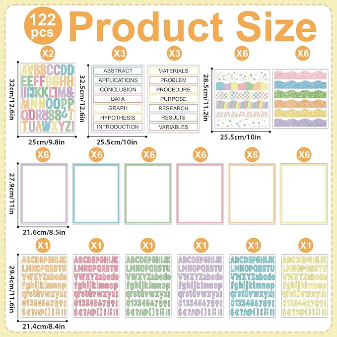 122 Pcs Science Fair Board Supplies 72 Glitter Pastel Candy Trim Scalloped Borders 36 Presentation Board Subtitles 6 Self Adhesive Project Titles 8 Letter Stickers for Classroom Office Decor(Pastel)