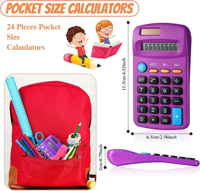 Copkim 24 Pack Student Mini Calculator for Classroom, 8-Digit Display Dual Powered Handheld Math Tools for Teachers, School Supplies and Classroom Rewards, Compact Design(Purple)