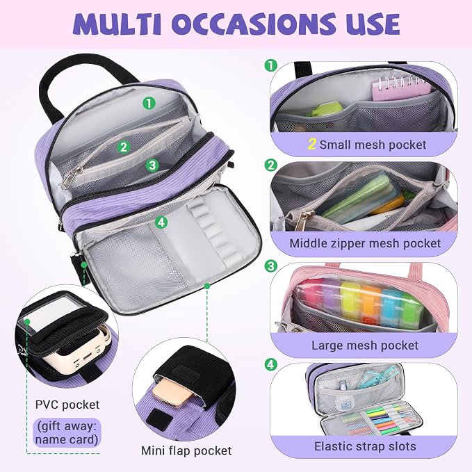 Pencil Case Corduroy Multiple Compartments Pouch Bag for Girl, Black Purple