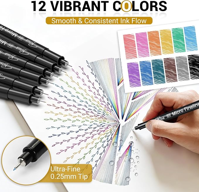 SAKEYR Point Micro Pens, 12 Colored 0.25mm Extra Fine Fineliner Pens, Quick-Dry Waterproof Ink, No Bleed-Through for Journaling, Bible Journaling, Planner, Sketching, Drawing, Note Taking