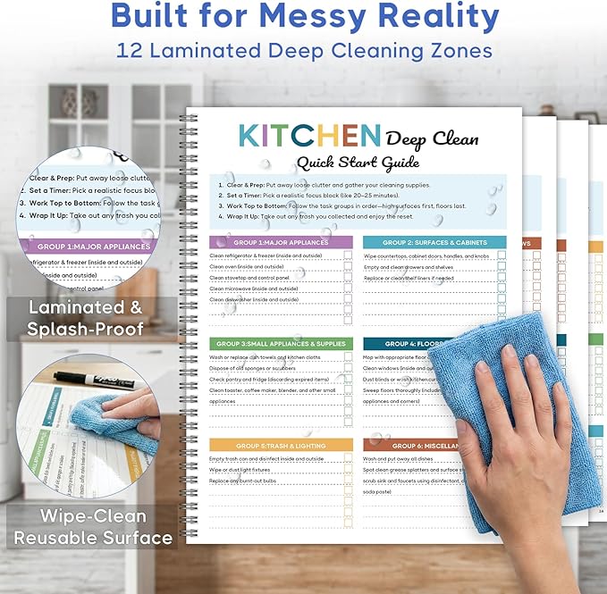 ADHD Cleaning Planner - Floral Undated Cleaning Journal & Schedule Checklist for Adults Women. Dry Erase PVC Spiral Notebook Chore Tracker for Home Management & Dopamine Menu