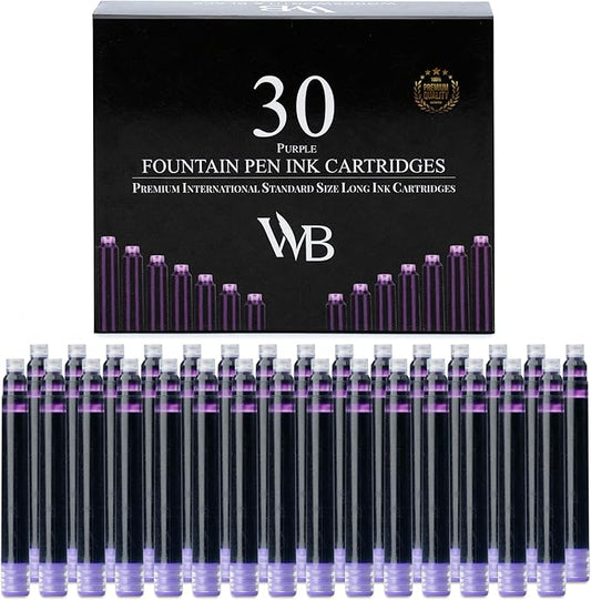 Wordsworth & Black Fountain Pen Ink Refills - Set of 30 Purple Ink Cartridges - International Standard Size - Length APPR 2.3" - Base Diameter APPR 0.24 Inch - Disposable and Generic