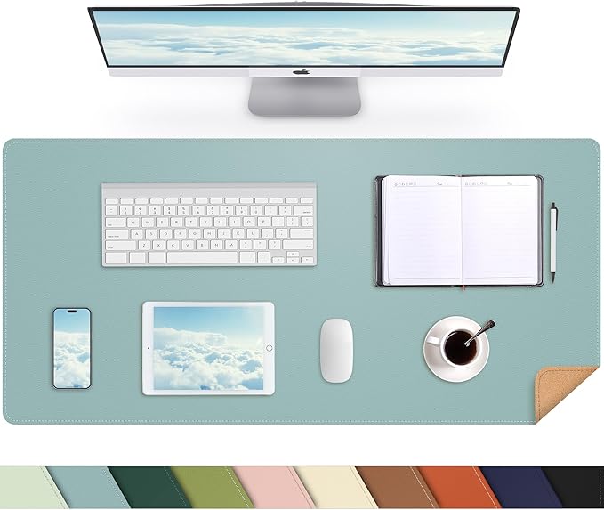 AFIING Cork Desk Mat 35.4" x 17", Dual-Sided Natural Cork & PU Leather Desk Pad, Non-Slip Waterproof Large Mouse Pad for Office, Home & Gaming (Light Blue)