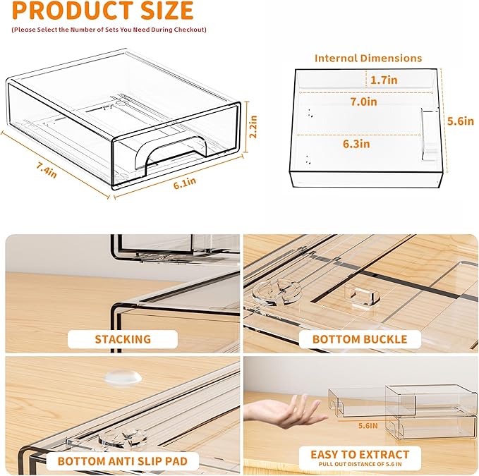 Yieach 2.2'' High Small Clear Stackable Storage Drawers,4 Pack Desk Organization and Storage Bins,Plastic Office Supply Organizer,Acrylic Drawer Storage Organizer for Makeup,Accessory,Pen,Art Crafts