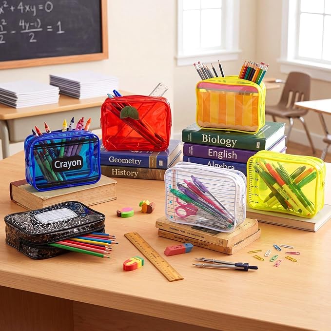 Suclain 12 Pack Back to School Teacher Gift, Teacher Survival Kit Bag, Stationery Zipper Cosmetic Pouches, Transparent PVC Pencil Case Waterproof Toiletry Makeup Bag for School Supplies, Travel