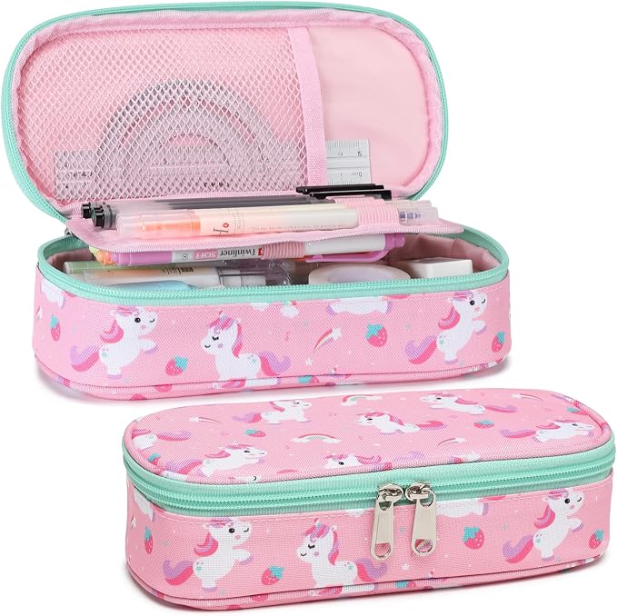 Cambond Pencil Case for Girls - Large Capacity Multi-slot Kids Pencil Pouch Holder for School, Long-lasting Cute Pencil Box for Girls Kids, Pink Unicorns